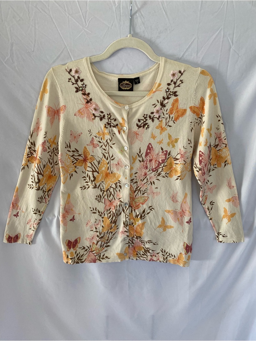 Cream Floral Butterfly Cardigan with Yellow, Pink & Brown Accents